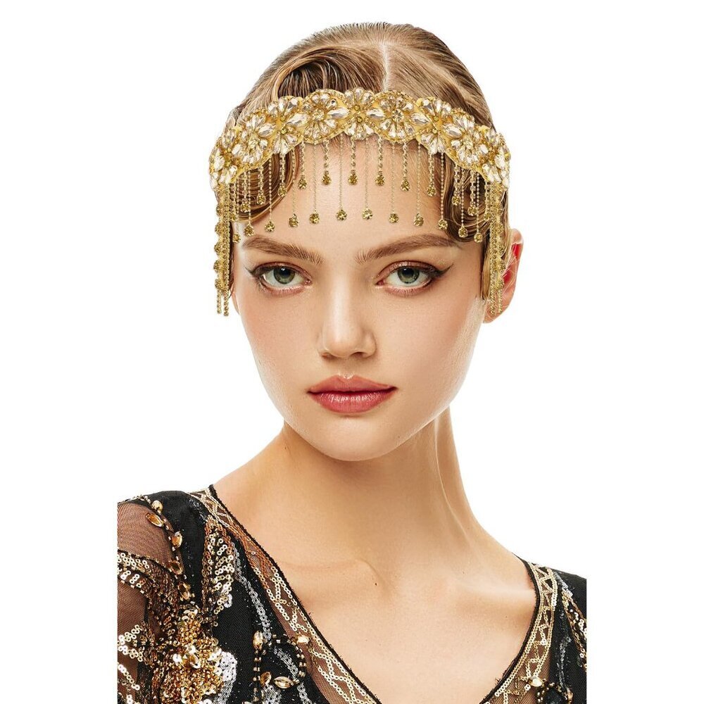 1920s Flapper Headpiece Rhinestone Bead Chain Vintage Hair Accessory